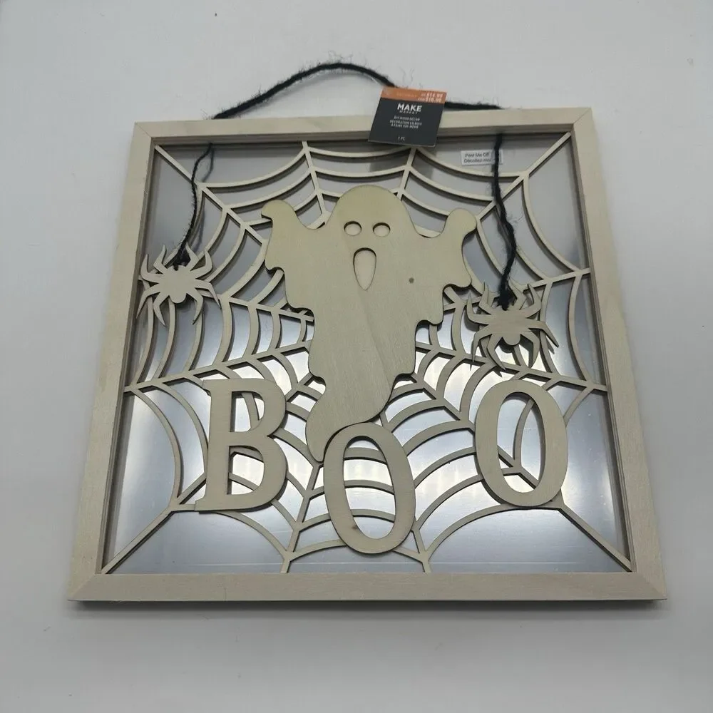 Make Market Halloween Boo Ghost Spiderweb Wood Wall Sign Unfinished Craft DIY